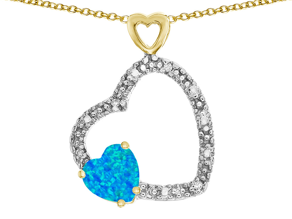 Star K Double Open Heart Pendant Necklace with 6mm Created Blue Opal Stone