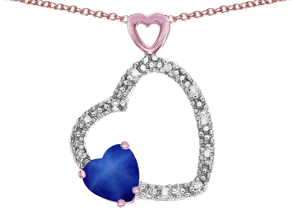 Star K Double Open Heart Pendant Necklace with 6mm Created Star Sapphire Stone