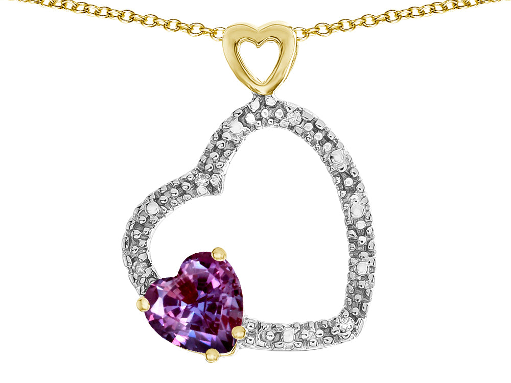Star K Double Open Heart Pendant Necklace with 6mm Simulated Alexandrite Stone