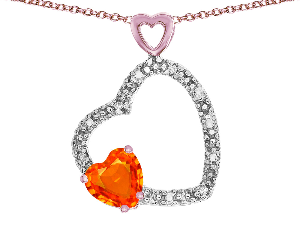 Star K Double Open Heart Pendant Necklace with 6mm Simulated Orange Mexican Fire Opal Stone