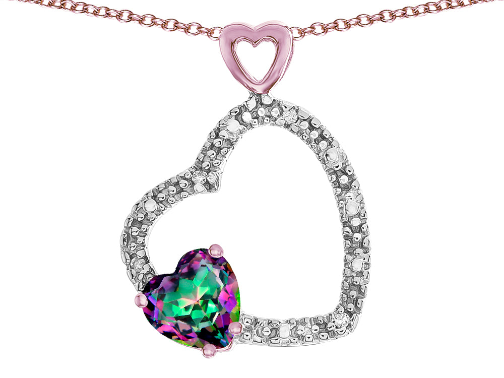Star K Double Open Heart Pendant Necklace with 6mm Mystic Rainbow Topaz Stone