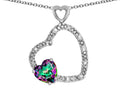 Star K Double Open Heart Pendant Necklace with 6mm Mystic Rainbow Topaz Stone