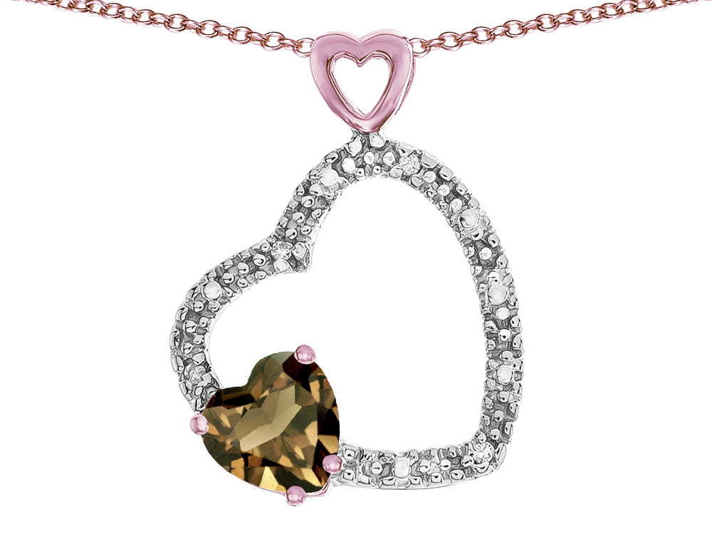 Star K Double Open Heart Pendant Necklace with 6mm Smoky Quartz Stone
