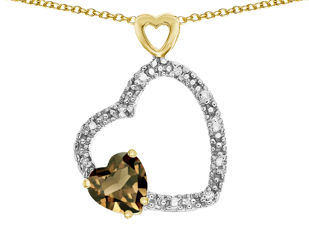 Star K Double Open Heart Pendant Necklace with 6mm Smoky Quartz Stone