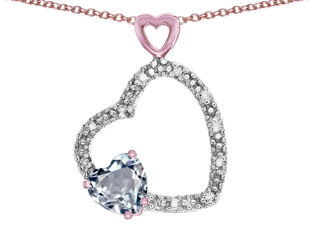 Star K Double Open Heart Pendant Necklace with 6mm Genuine Aquamarine Stone