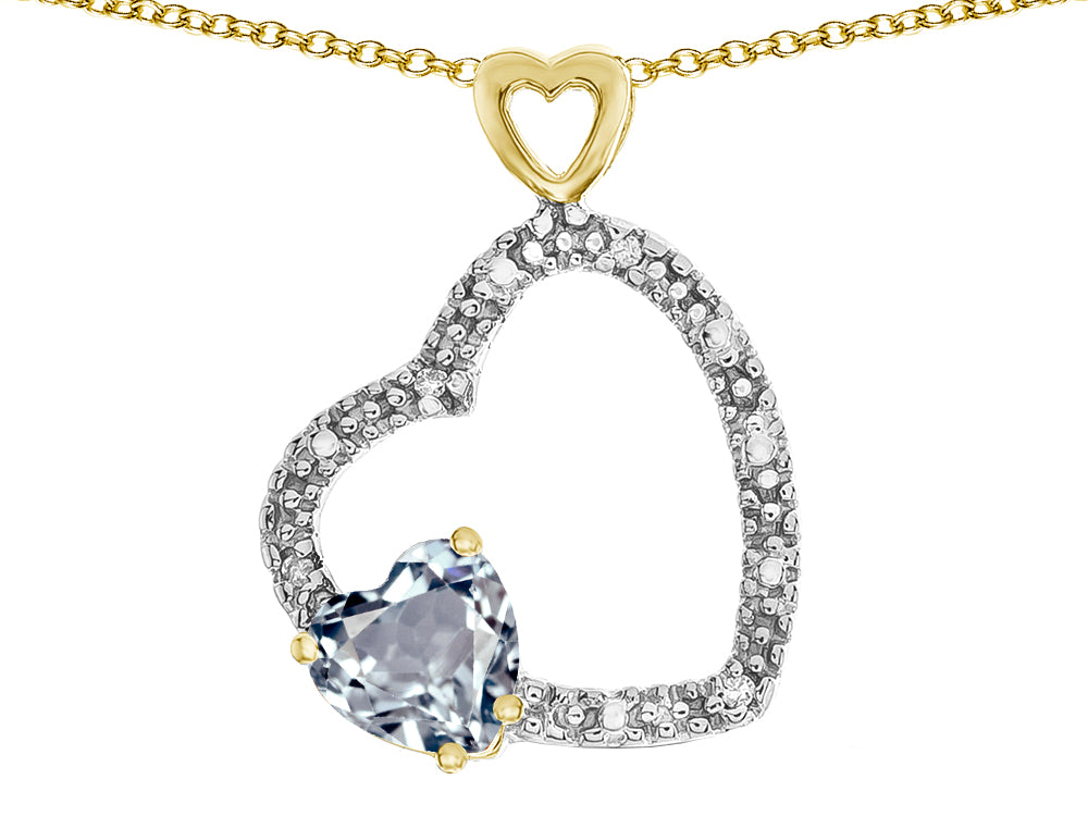 Star K Double Open Heart Pendant Necklace with 6mm Genuine Aquamarine Stone