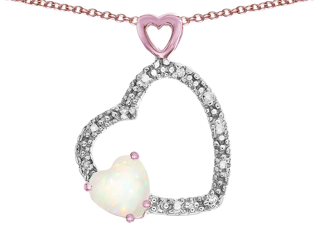 Star K Double Open Heart Pendant Necklace with 6mm Genuine Opal Stone
