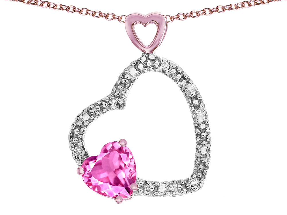 Star K Double Open Heart Pendant Necklace with 6mm Created Pink Sapphire Stone