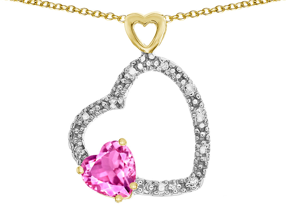Star K Double Open Heart Pendant Necklace with 6mm Created Pink Sapphire Stone