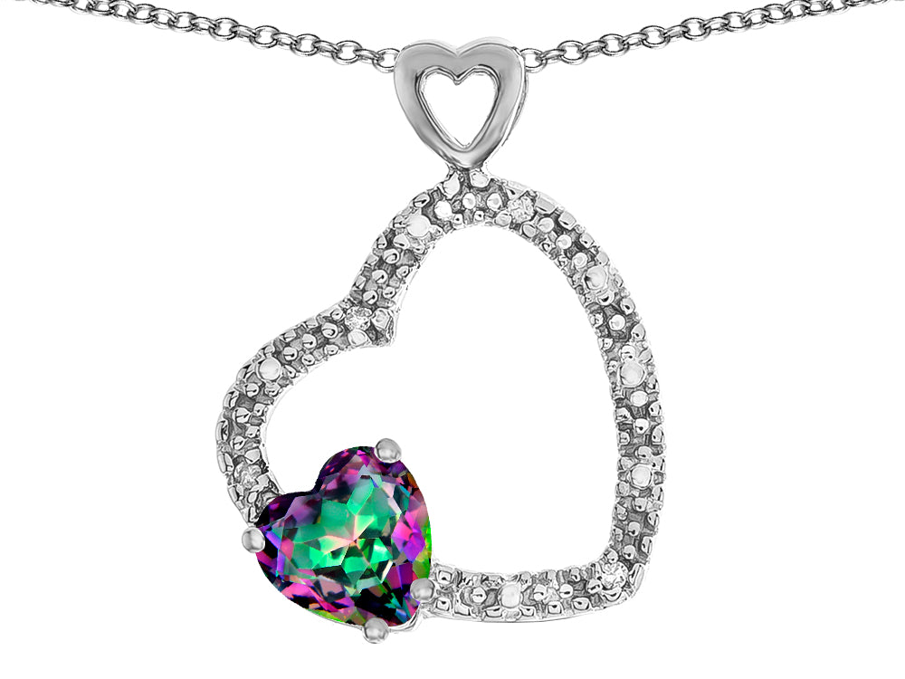 Star K Double Open Heart Pendant Necklace with 6mm Mystic Rainbow Topaz Stone