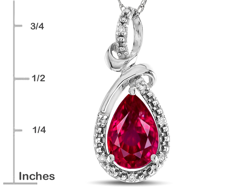 Star K Drop Halo Pear Shape Created Ruby Pendant Necklace