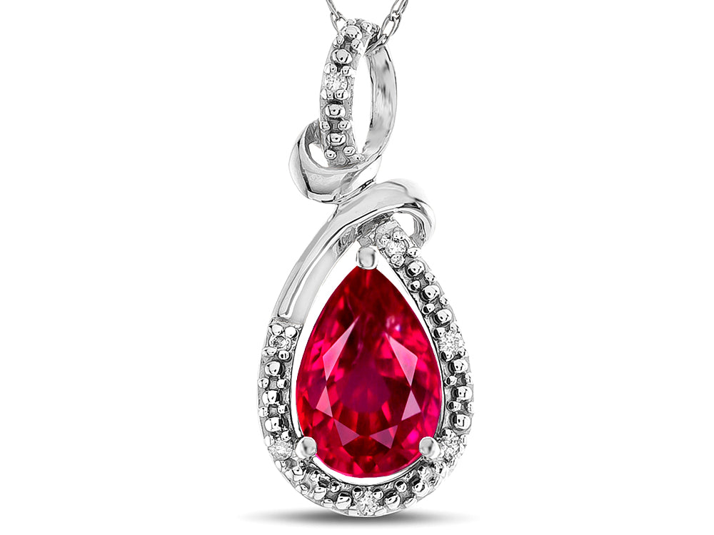 Star K Drop Halo Pear Shape Created Ruby Pendant Necklace