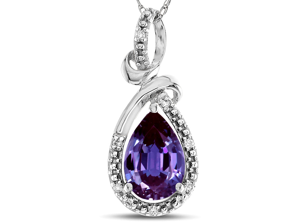 Star K Drop Halo Pear Shape Simulated Alexandrite Pendant Necklace