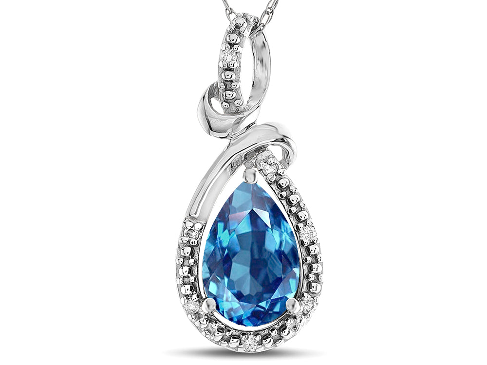 Star K Drop Halo Pear Shape Genuine Blue Topaz Pendant Necklace