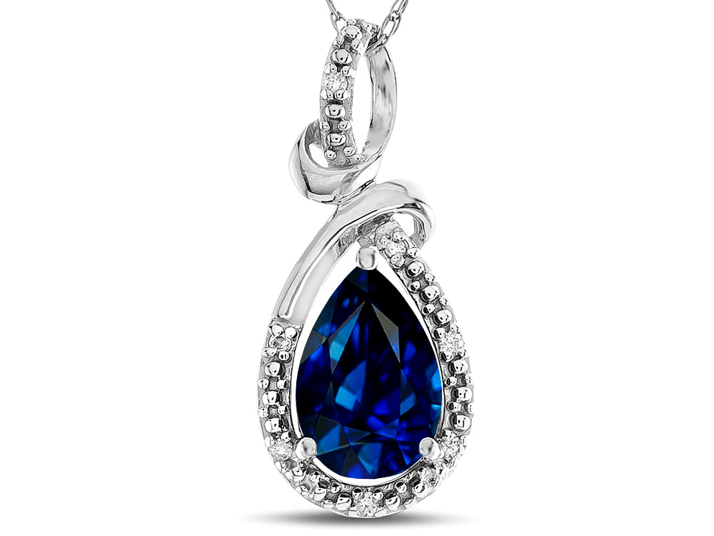 Star K Drop Halo Pear Shape Created Sapphire Pendant Necklace