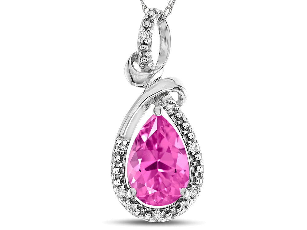 Star K Drop Halo Pear Shape Created Pink Sapphire Pendant Necklace