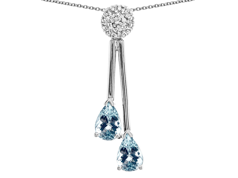 Star K Double Drop Pear Shape Ball Bar Genuine Aquamarine Pendant Necklace