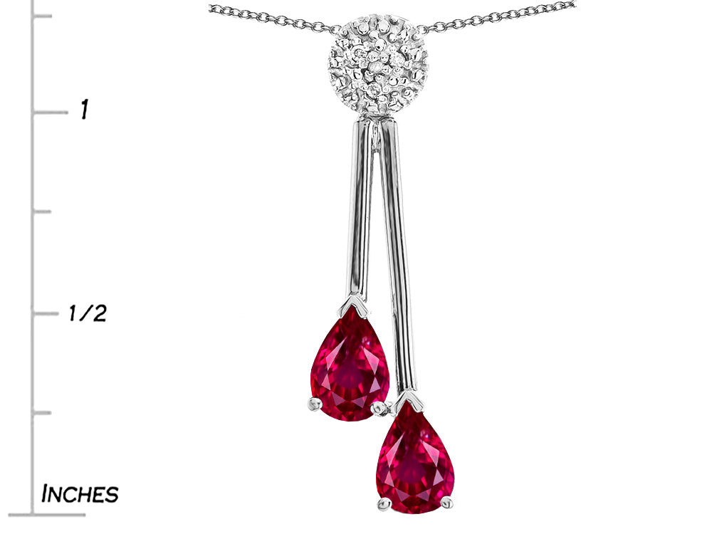 Star K Double Drop Pear Shape Ball Bar Created Ruby Pendant Necklace