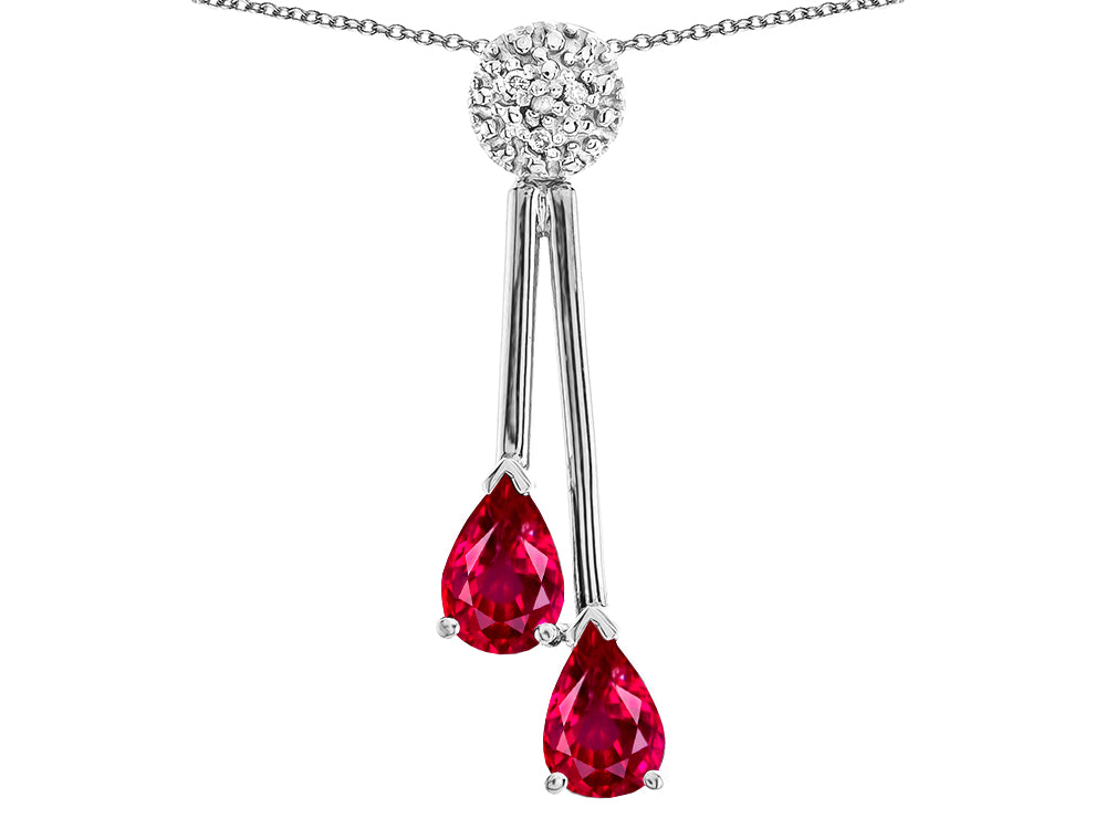 Star K Double Drop Pear Shape Ball Bar Created Ruby Pendant Necklace