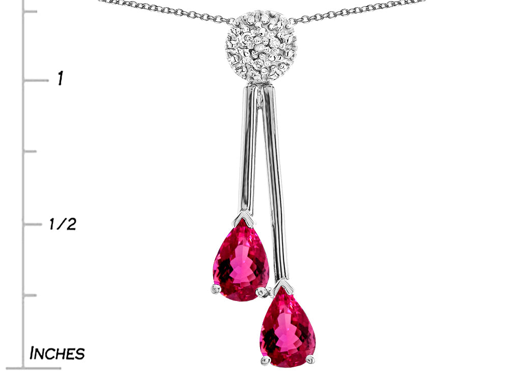 Star K Double Drop Pear Shape Ball Bar Simulated Pink Tourmaline Pendant Necklace