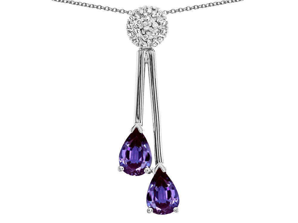 Star K Double Drop Pear Shape Ball Bar Simulated Alexandrite Pendant Necklace