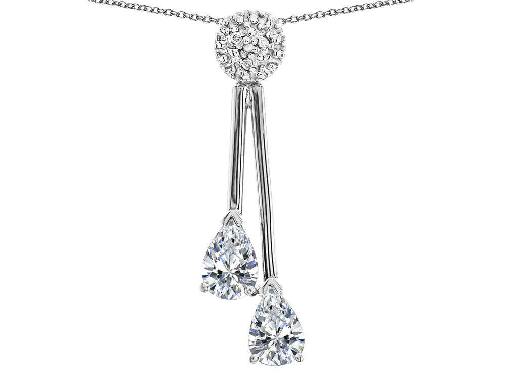 Star K Double Drop Pear Shape Ball Bar Genuine White Topaz Pendant Necklace