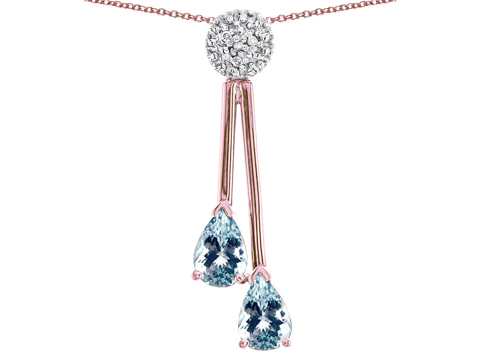 Star K Double Drop Pear Shape Ball Bar Genuine Aquamarine Pendant Necklace