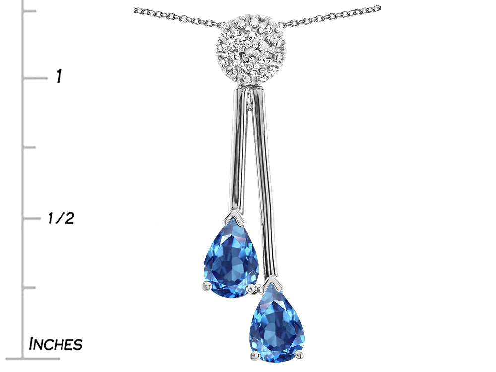 Star K Double Drop Pear Shape Ball Bar Genuine Blue Topaz Pendant Necklace
