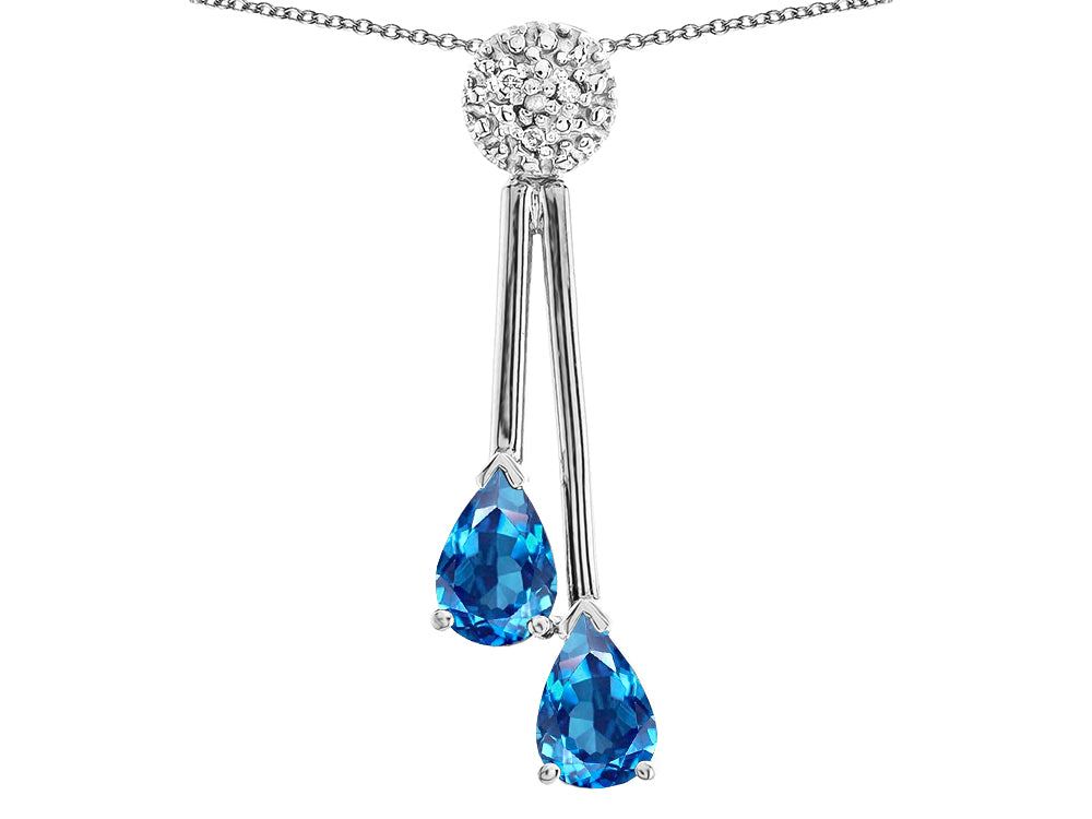 Star K Double Drop Pear Shape Ball Bar Genuine Blue Topaz Pendant Necklace