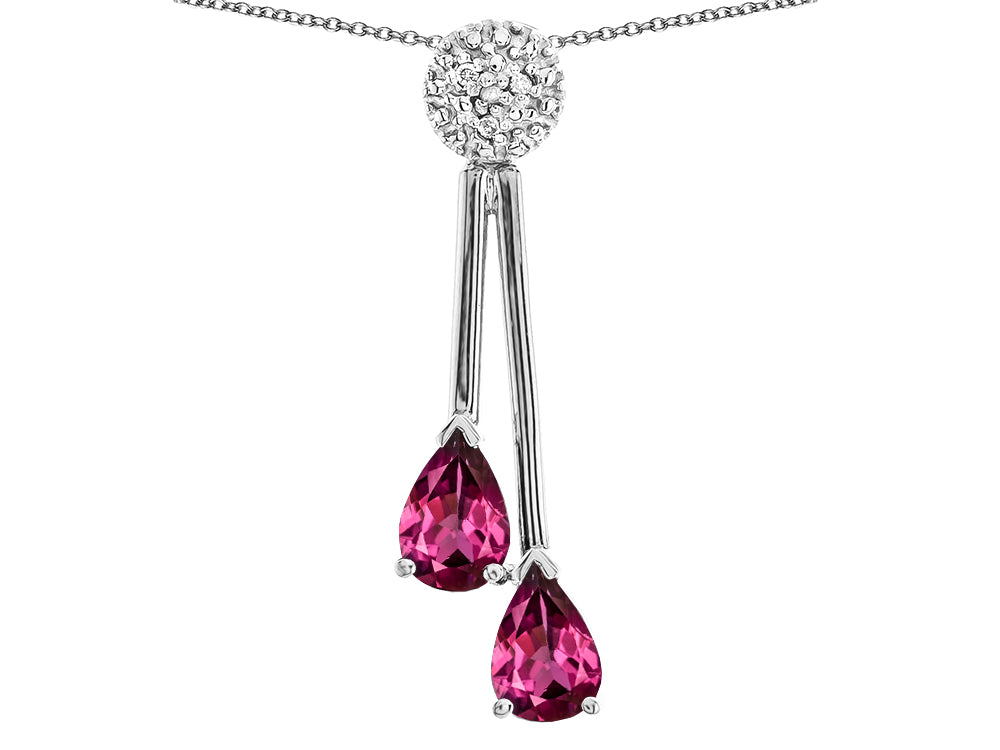 Star K Double Drop Pear Shape Ball Bar Genuine Rhodolite Pendant Necklace