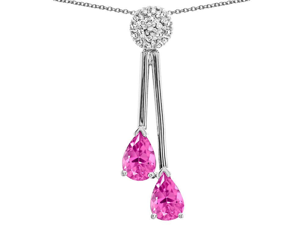 Star K Double Drop Pear Shape Ball Bar Created Pink Sapphire Pendant Necklace