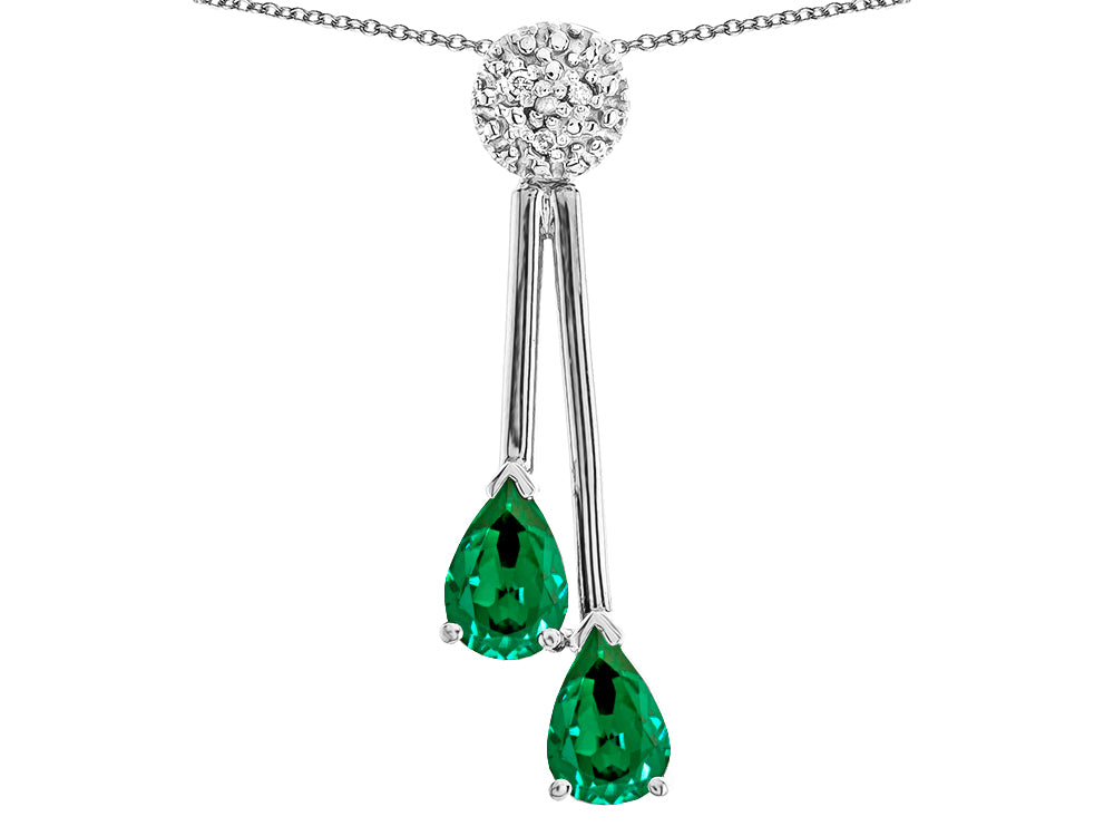 Star K Double Drop Pear Shape Ball Bar Simulated Emerald Pendant Necklace