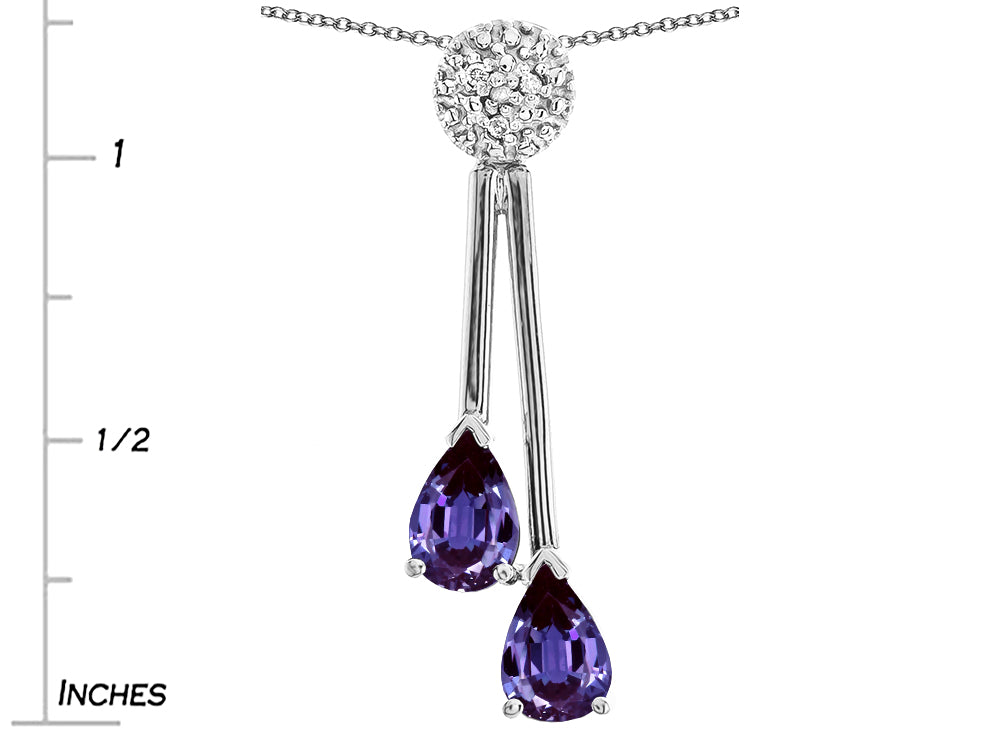 Star K Double Drop Pear Shape Ball Bar Simulated Alexandrite Pendant Necklace