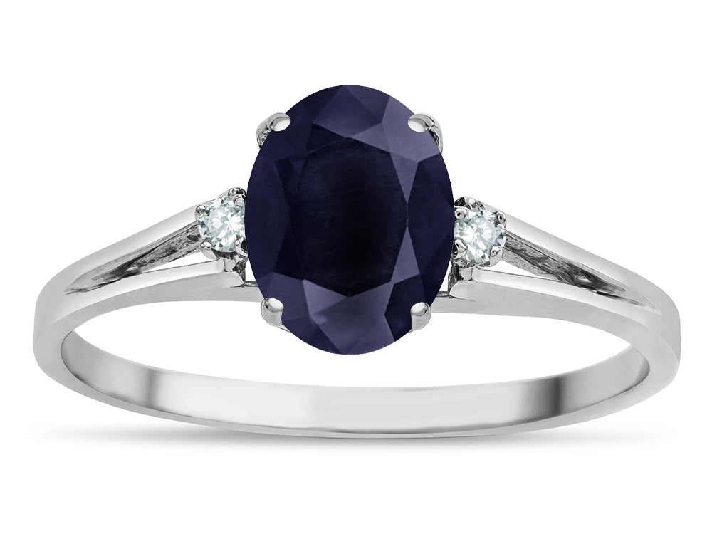 Star K  Oval 8x6 Genuine Black Sapphire Split Shank Three Stone Engagement Promise Ring