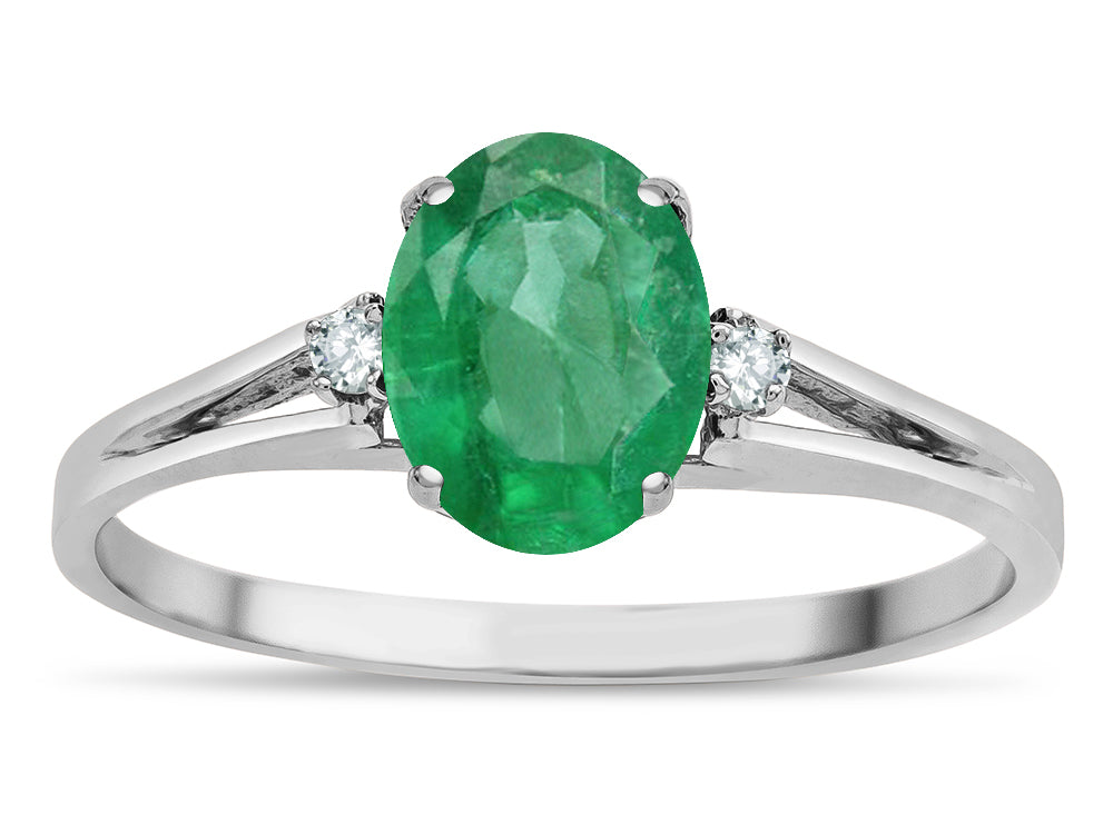 Star K  Oval 8x6 Genuine Emerald Split Shank Three Stone Engagement Promise Ring