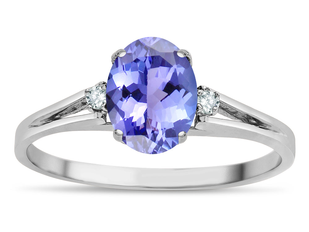 Star K  Oval 8x6 Genuine Tanzanite Split Shank Three Stone Engagement Promise Ring