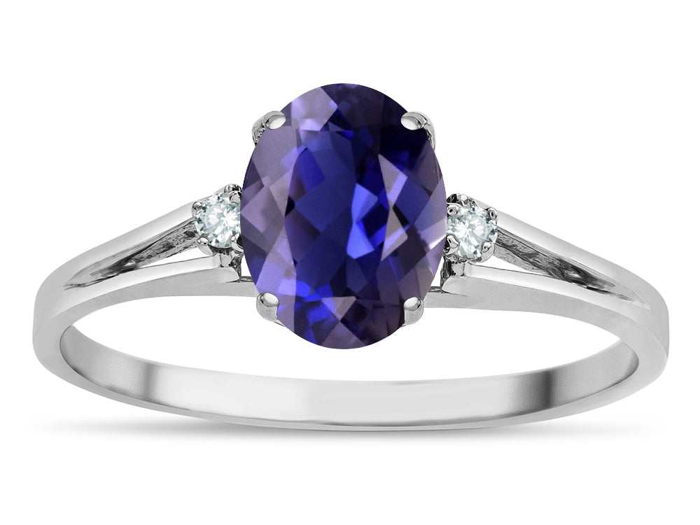 Star K  Oval 8x6 Genuine Iolite Split Shank Three Stone Engagement Promise Ring