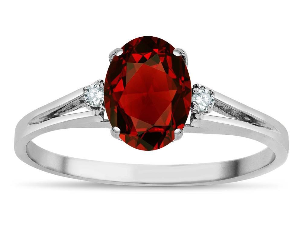 Star K  Oval 8x6 Genuine Garnet Split Shank Three Stone Engagement Promise Ring