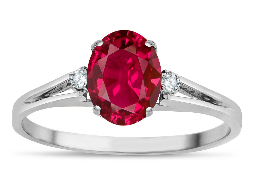 Star K  Oval 8x6 Created Ruby Split Shank Three Stone Engagement Promise Ring