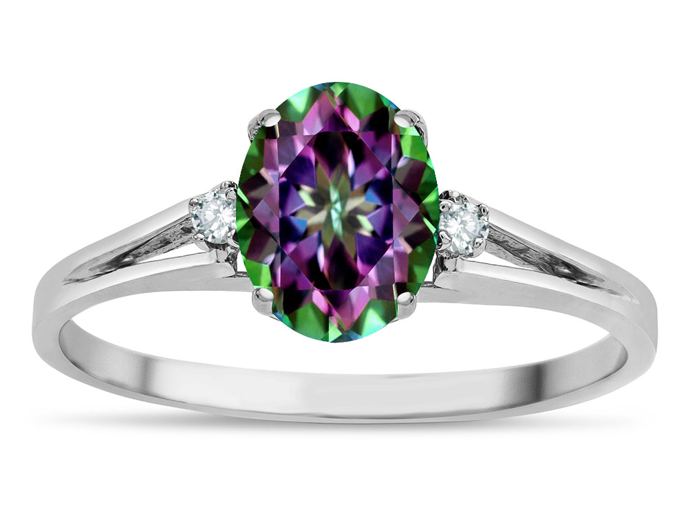 Star K  Oval 8x6 Rainbow Mystic Topaz Split Shank Three Stone Engagement Promise Ring