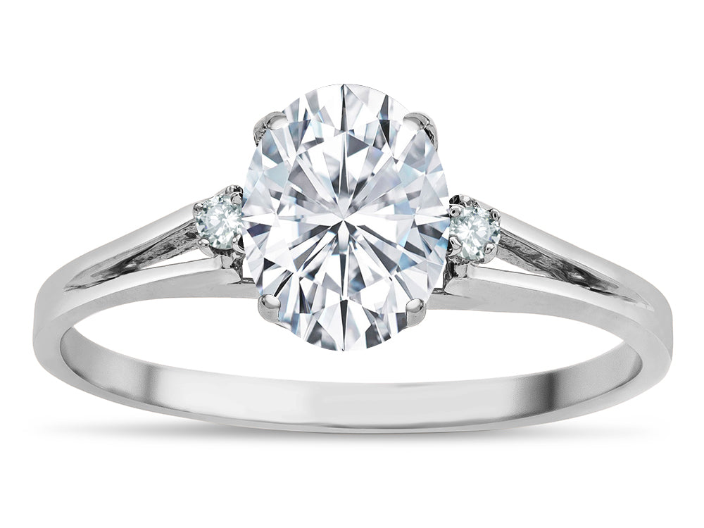 Star K  Oval 8x6 Genuine White Topaz Split Shank Three Stone Engagement Promise Ring