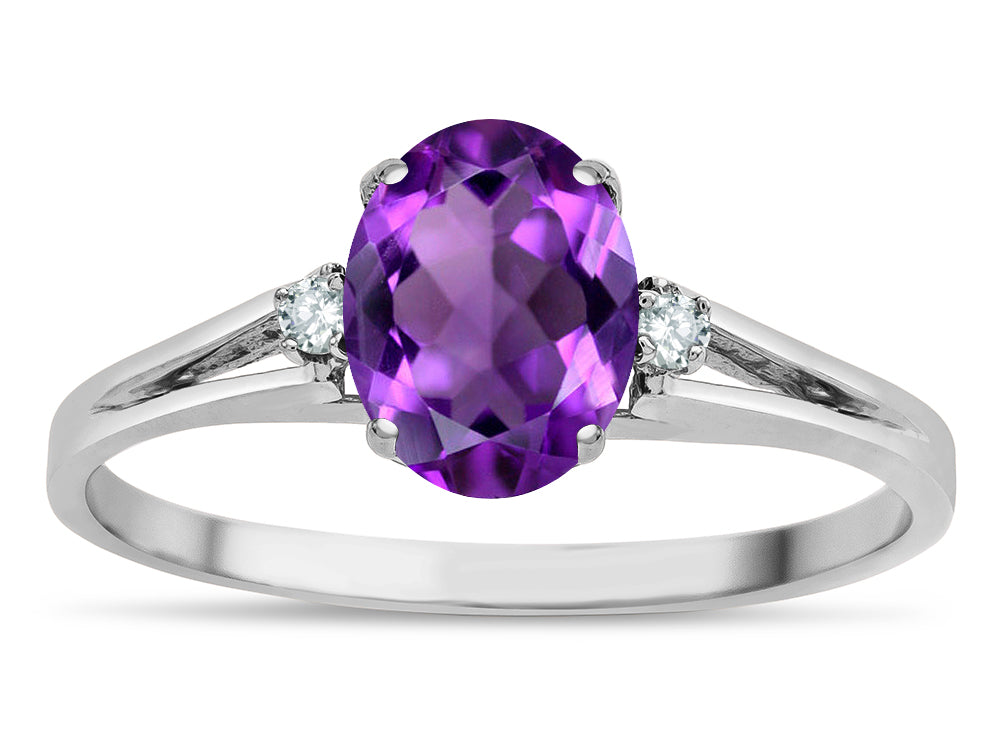 Star K  Oval 8x6 Genuine Amethyst Split Shank Three Stone Engagement Promise Ring