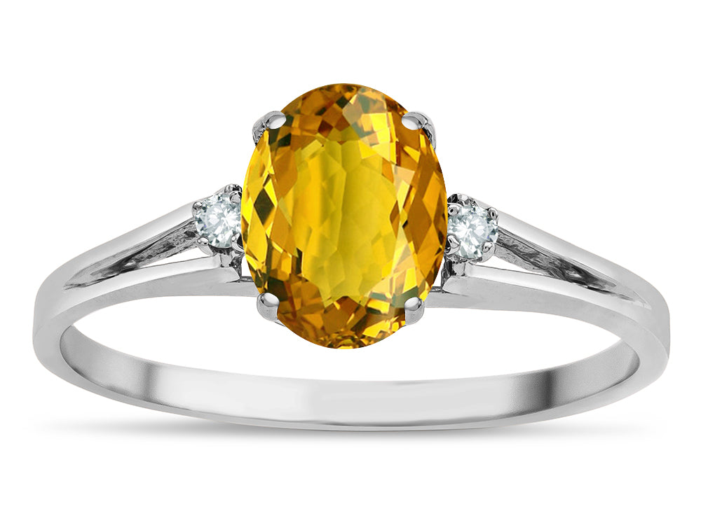 Star K  Oval 8x6 Genuine Citrine Split Shank Three Stone Engagement Promise Ring