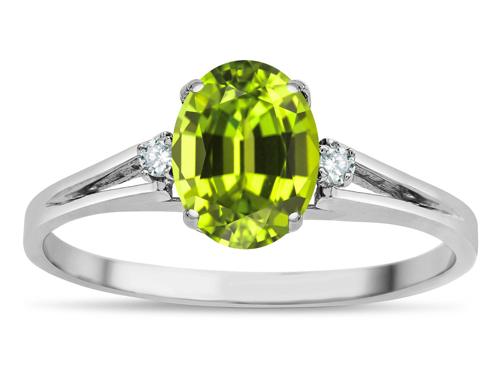 Star K  Oval 8x6 Genuine Peridot Split Shank Three Stone Engagement Promise Ring