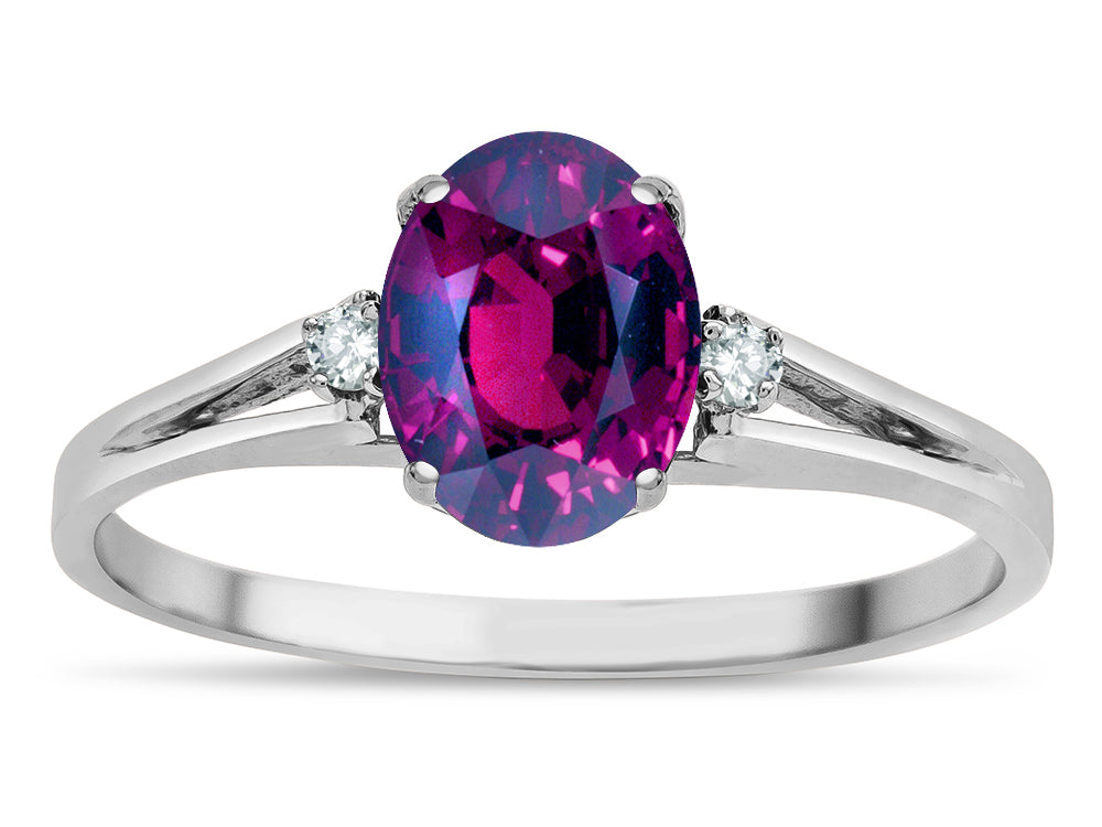 Star K  Oval 8x6 Genuine Rhodolite Split Shank Three Stone Engagement Promise Ring