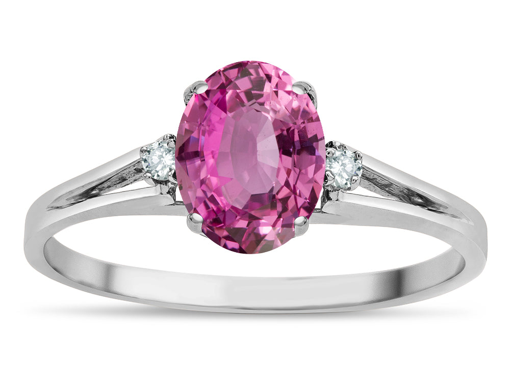 Star K  Oval 8x6 Created Pink Sapphire Split Shank Three Stone Engagement Promise Ring