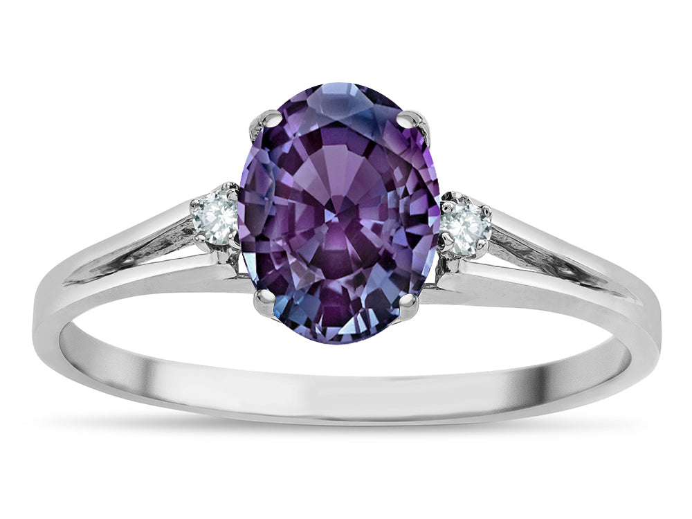 Star K  Oval 8x6 Simulated Alexandrite Split Shank Three Stone Engagement Promise Ring