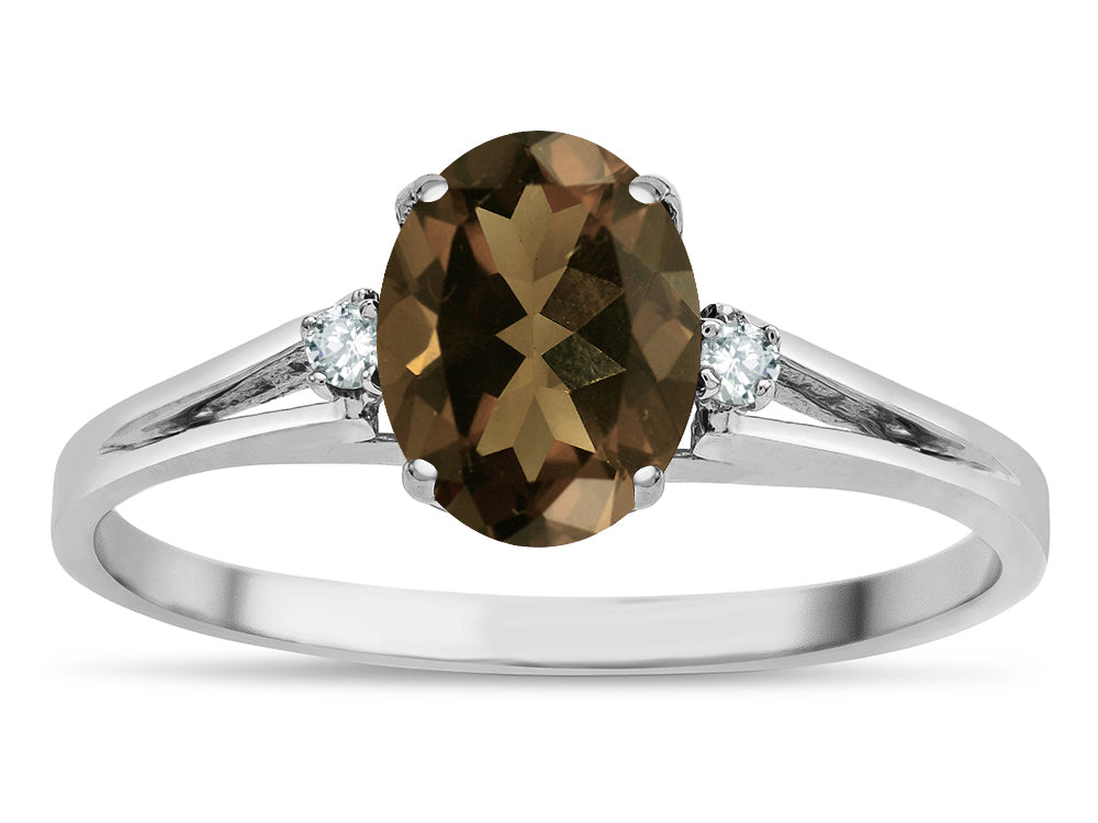 Star K  Oval 8x6 Genuine Smoky Quartz Split Shank Three Stone Engagement Promise Ring