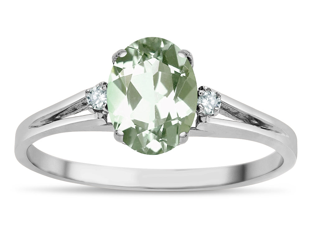 Star K  Oval 8x6 Genuine Green Amethyst Split Shank Three Stone Engagement Promise Ring