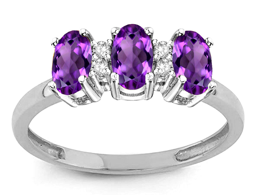 Star K Genuine Amethyst 3 Three Oval Stones Promise Ring Wedding Band
